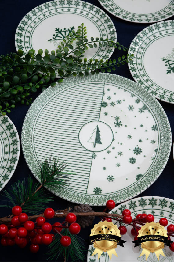 Çam Ağacı 7 Parça Porselen Pasta Tabağı Seti - 1