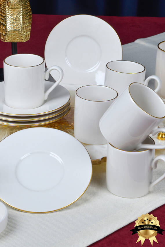 Hayal Altın Yaldız 12 Parça 6 Kişilik Porselen Kahve Fincan Takımı Kırık Beyaz - 8