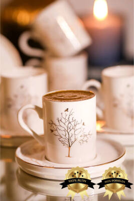 Hayat Ağacı 12 Parça 6 Kişilik Altın Yaldız Porselen Kahve Fincan Takımı