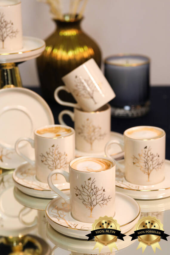Hayat Ağacı 12 Parça 6 Kişilik Altın Yaldız Porselen Kahve Fincan Takımı - 3