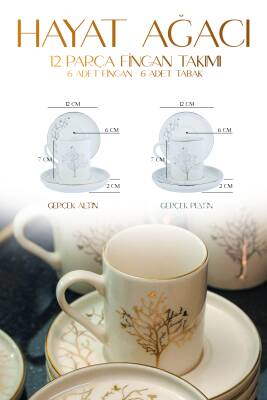 Hayat Ağacı 12 Parça 6 Kişilik Altın Yaldız Porselen Kahve Fincan Takımı - 4