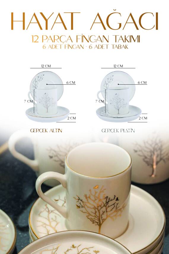 Hayat Ağacı 12 Parça 6 Kişilik Altın Yaldız Porselen Kahve Fincan Takımı - 4
