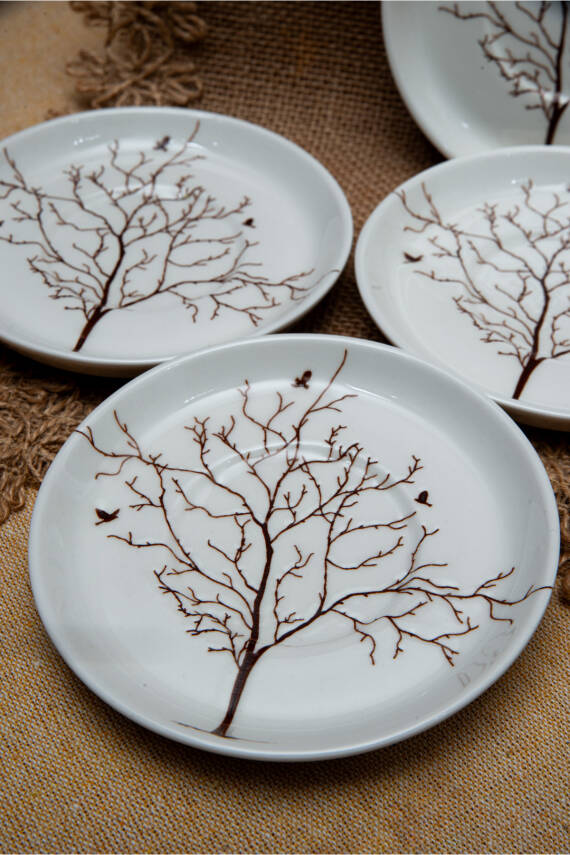 Hayat Ağacı 6 Adet 12 Cm Porselen Çay Tabağı Kırık Beyaz - 1