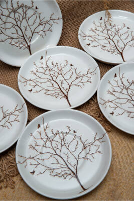 Hayat Ağacı 6 Adet 12 Cm Porselen Çay Tabağı Kırık Beyaz - 3