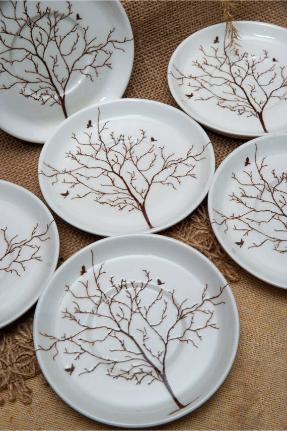 Hayat Ağacı 6 Adet 12 Cm Porselen Çay Tabağı Kırık Beyaz - 3