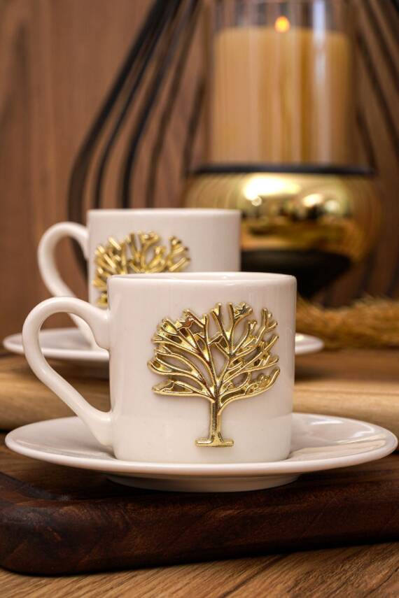 Hayat Ağacı Altın Kabartma Motif 4 Parça 2 Kişilik Kahve Fincan Takımı 100 Ml - 1