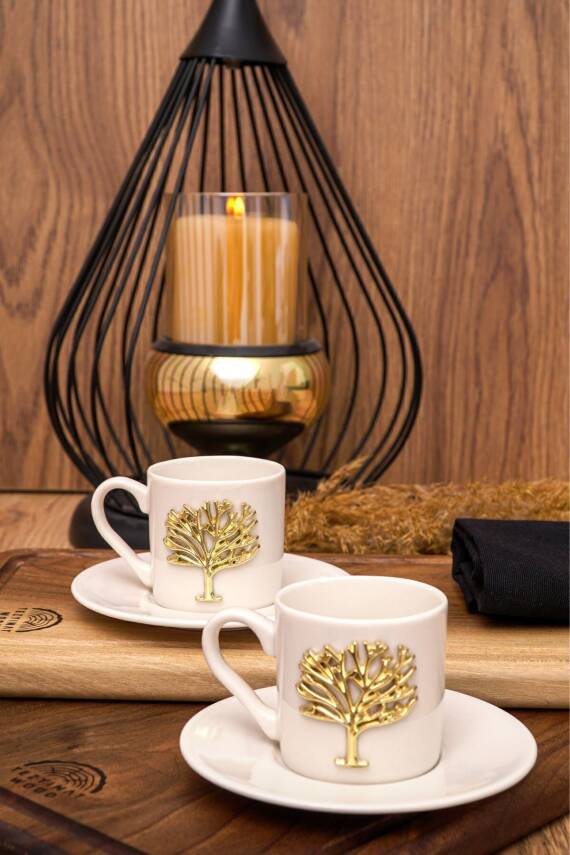 Hayat Ağacı Altın Kabartma Motif 4 Parça 2 Kişilik Kahve Fincan Takımı 100 Ml - 2