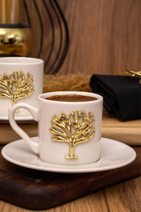 Hayat Ağacı Altın Kabartma Motif 4 Parça 2 Kişilik Kahve Fincan Takımı 100 Ml - 3