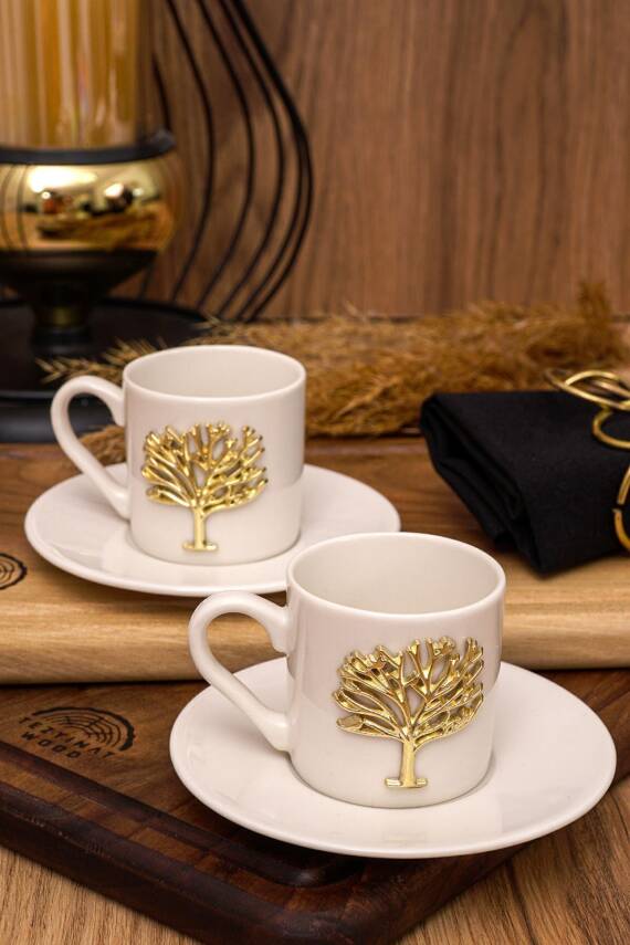 Hayat Ağacı Altın Kabartma Motif 4 Parça 2 Kişilik Kahve Fincan Takımı 100 Ml - 4