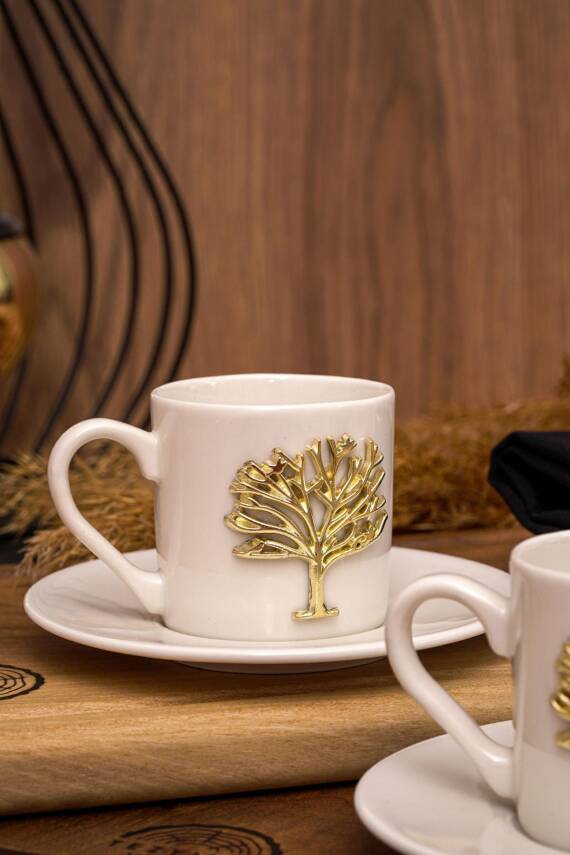 Hayat Ağacı Altın Kabartma Motif 4 Parça 2 Kişilik Kahve Fincan Takımı 100 Ml - 5