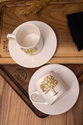 Hayat Ağacı Altın Kabartma Motif 4 Parça 2 Kişilik Kahve Fincan Takımı 100 Ml - 6