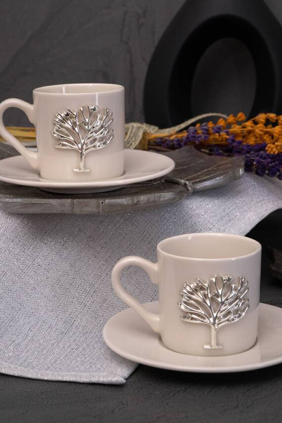 Hayat Ağacı Platin Gümüş Kabartma Motif 4 Parça 2 Kişilik Kahve Fincan Takımı 100 Ml - 1