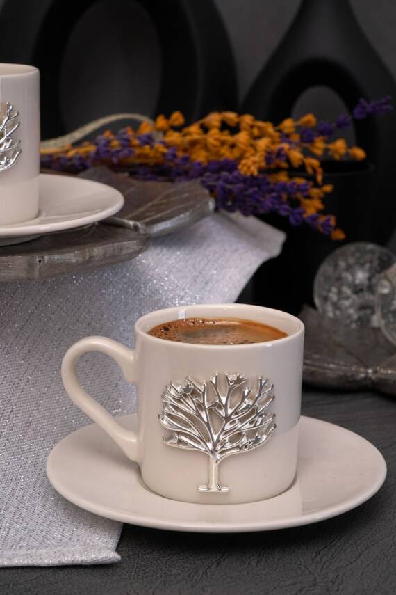Hayat Ağacı Platin Gümüş Kabartma Motif 4 Parça 2 Kişilik Kahve Fincan Takımı 100 Ml - 2