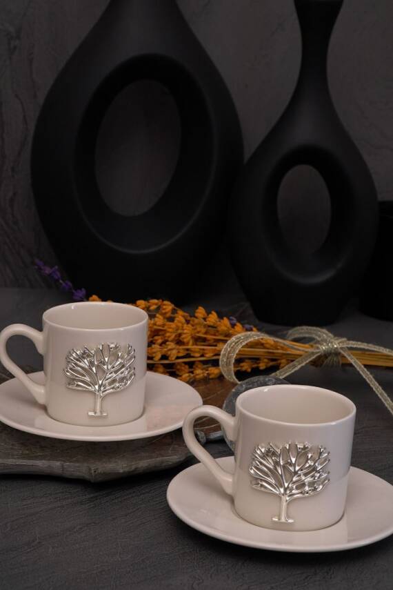 Hayat Ağacı Platin Gümüş Kabartma Motif 4 Parça 2 Kişilik Kahve Fincan Takımı 100 Ml - 3