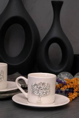 Hayat Ağacı Platin Gümüş Kabartma Motif 4 Parça 2 Kişilik Kahve Fincan Takımı 100 Ml - 4
