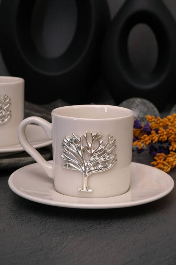 Hayat Ağacı Platin Gümüş Kabartma Motif 4 Parça 2 Kişilik Kahve Fincan Takımı 100 Ml - 5