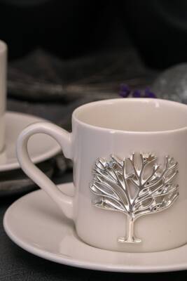Hayat Ağacı Platin Gümüş Kabartma Motif 4 Parça 2 Kişilik Kahve Fincan Takımı 100 Ml - 6
