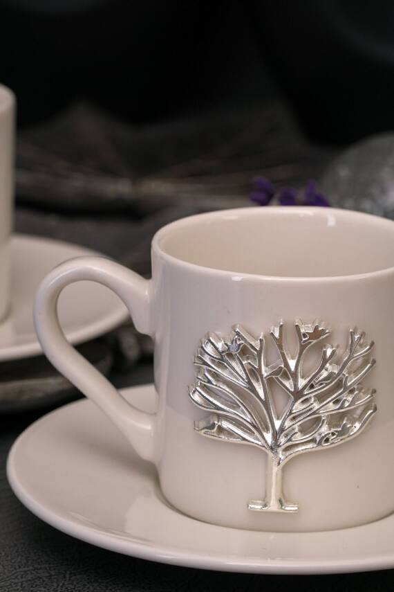 Hayat Ağacı Platin Gümüş Kabartma Motif 4 Parça 2 Kişilik Kahve Fincan Takımı 100 Ml - 6