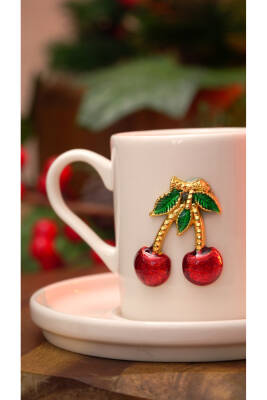 Kiraz Işlemeli 4 Parça 2 Kişilik Porselen Kahve Fincan Takımı