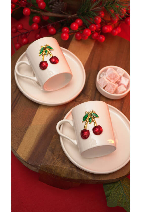 Kiraz Işlemeli 4 Parça 2 Kişilik Porselen Kahve Fincan Takımı - 3