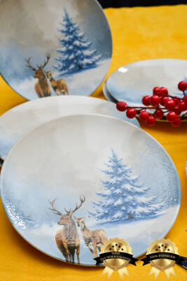 Mavi Geyik 7 Parça Porselen Pasta Tabağı Seti