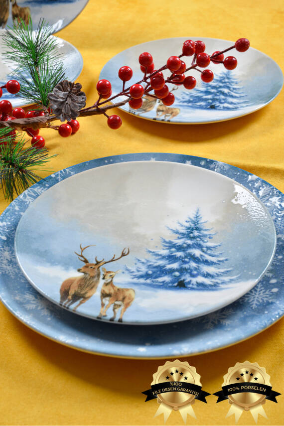 Mavi Geyik 7 Parça Porselen Pasta Tabağı Seti - 2