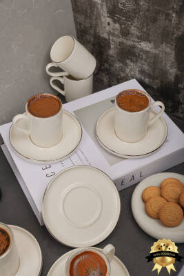 Rüya Platin Yaldız 12 Parça 6 Kişilik Porselen Kahve Fincan Takımı Kırık Beyaz - 8